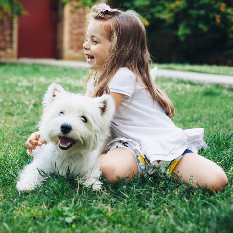 Kind spielt mit Hund und lacht